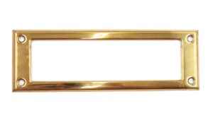 Rectangular polished brass mail slot frame with four screw holes.