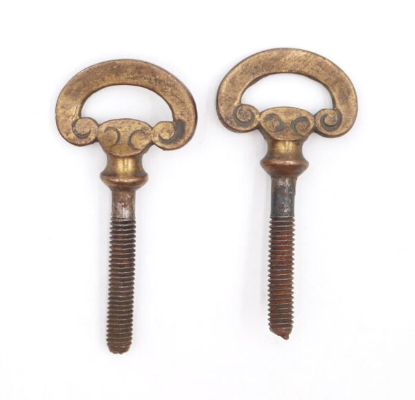 Pair of traditional mirror screws with brass knobs and steel threaded shafts, shown as a pair.