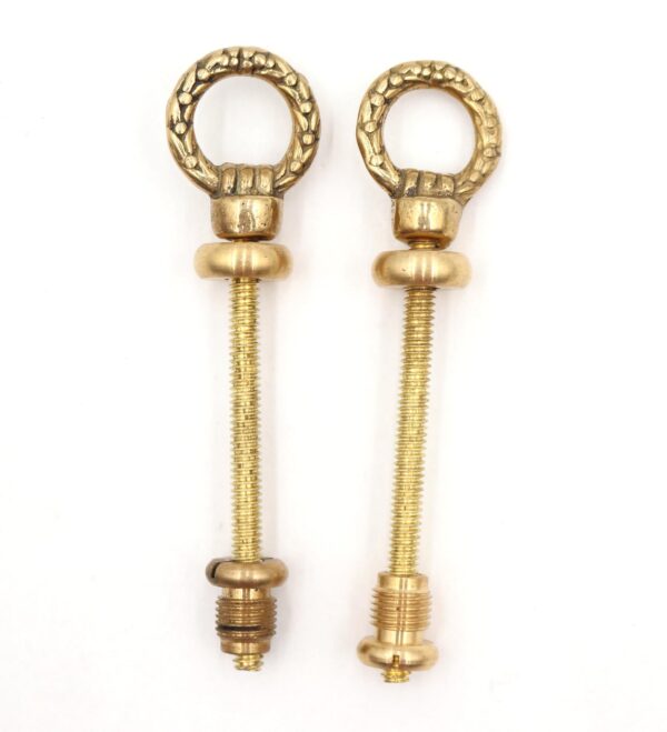 Pair of traditional polished brass mirror screws shown as a pair, each with a decorative ring top and threaded shaft.