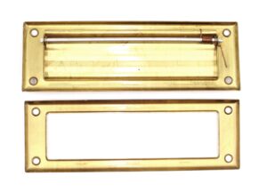 Polished brass mail slot set shown with the front spring-loaded cover above and the matching rectangular frame below, each with mounting holes.