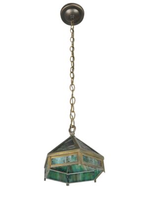 Video of Arts & Crafts Green Slag Glass Hexagonal Pendant Light - R291934.