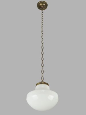 Video of Antique 10 in. Schoolhouse Milk Glass Brass Pendant Light.