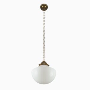 Video of Antique 9.5 in. Schoolhouse Milk Glass Brass Pendant Light.