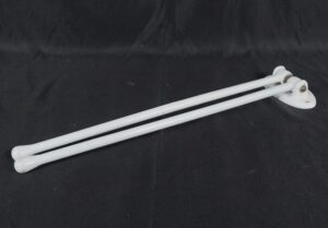 White mid century double arm towel rack with two parallel arms and a wall-mount base, shown in a side view.