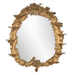Ornate Rococo Revival wall mirror with an arched gilt frame, decorative scrollwork, and multiple candle shelves.