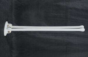 White double arm wall-mounted towel rack with two parallel bars and a single mounting plate, shown in side view.