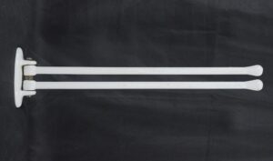 White mid century double arm towel rack with two long horizontal bars and a wall mount plate, shown in side view.