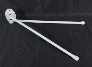 White double-arm wall-mounted towel rack with two angled bars and a round mounting plate.