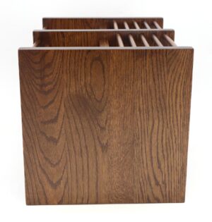 Oak desktop bookcase with a swiveling base, shown in a front view with the stacked cubby sections visible.