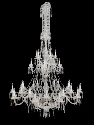 Clear crystal chandelier with multiple tiers, 18 arms, and hanging prisms, shown in a frontal view against a black background.