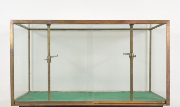 Antique brass display case with clear glass panels, a green felt-lined interior, and two vertical steel shelf brackets inside the frame.
