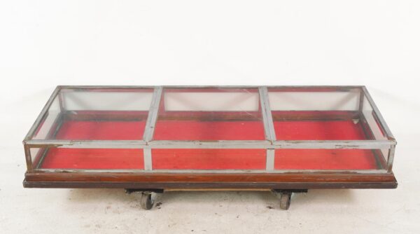 Mid Century vitrine display case with a clear glass top, red felt interior, and worn brushed steel frame on a dark wood base.