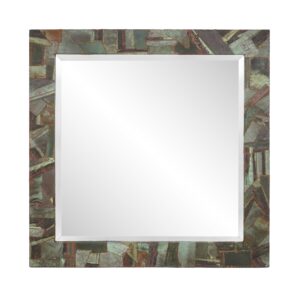 Square wall mirror with a beveled center and a collage frame made from copper roofing pieces in verdigris tones.