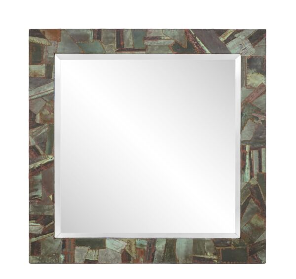 Square wall mirror with a beveled center and a collage frame made from copper roofing pieces in verdigris tones.