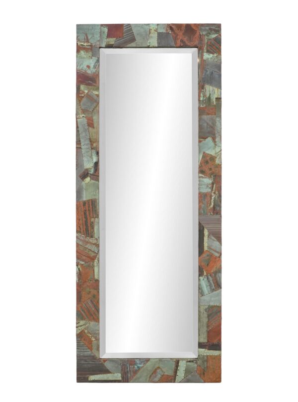 Tall dressing mirror with a beveled center and a handcrafted copper collage frame in verdigris tones.