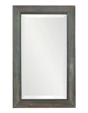 Tall wall mirror with beveled glass and a wide verdigris frame made from copper window molding.