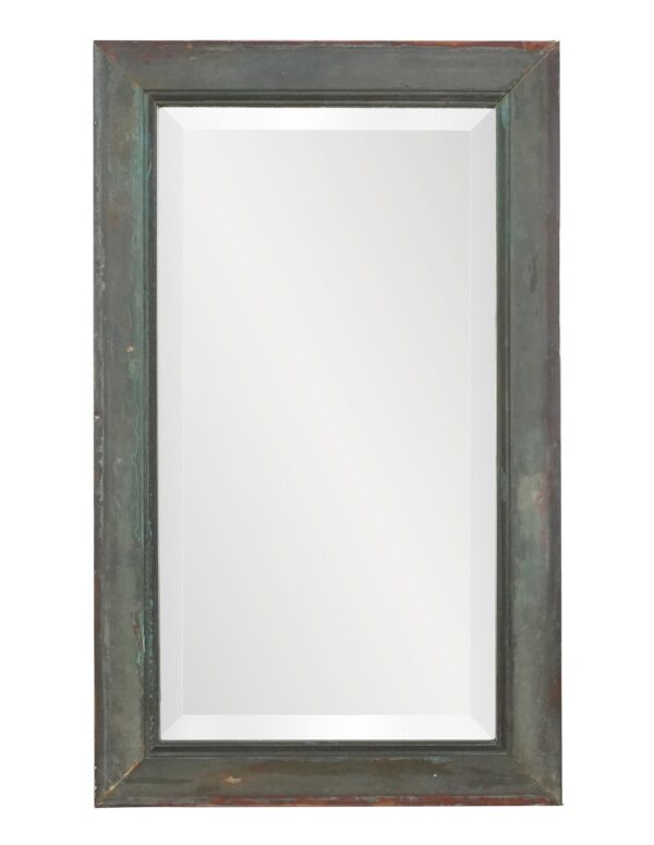 Tall wall mirror with beveled glass and a wide verdigris frame made from copper window molding.