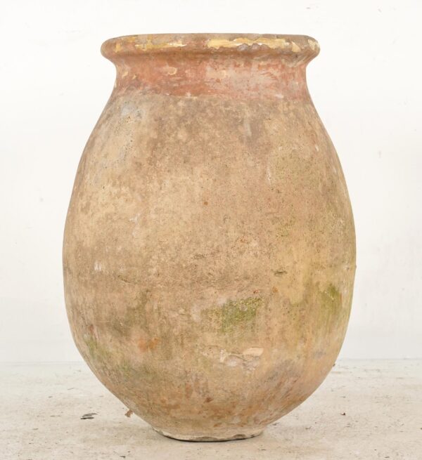 Large terra cotta olive jar with an ochre glaze, shown full length and centered, with a rounded body, flared rim, and visible age wear and chips.