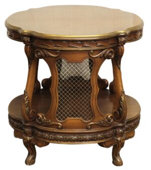 Round side table with carved wood details, two tiers, and a central wire mesh panel.