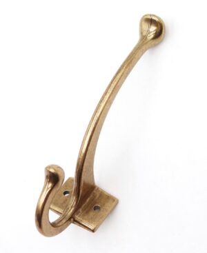 Polished brass double-arm wall hook with a curved gooseneck body, ball-shaped ends, and a two-hole mounting plate.