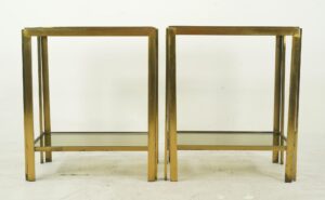 Video of Pair of Vintage Mid Century Italian Brass Smoked Glass Side Tables.