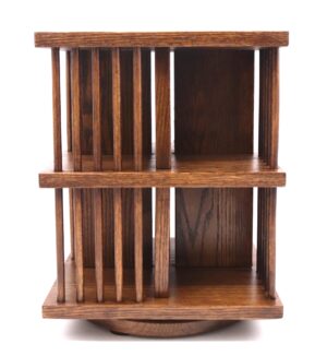 Video of Oak Mid Century Swiveling Desktop Bookcase.