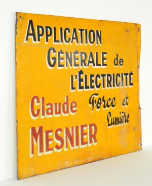 Vintage steel advertising sign with a yellow enamel surface and French lettering in black, red, and white, shown at an angle with visible wear and bent edges.