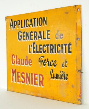 Vintage steel advertising sign with a bright yellow enamel face, black, white, and red French lettering, and visible surface wear along the edges.