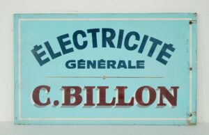 Vintage wooden electrical sign with blue, white, and red painted lettering reading “Electricité Générale” and “C. Billon.”