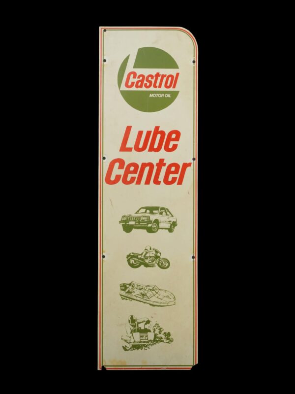 Vintage vertical Castrol motor oil advertising sign in green, white, and red, shown upright with a rounded top, surface wear, chipped corners, and small vehicle illustrations near the bottom.