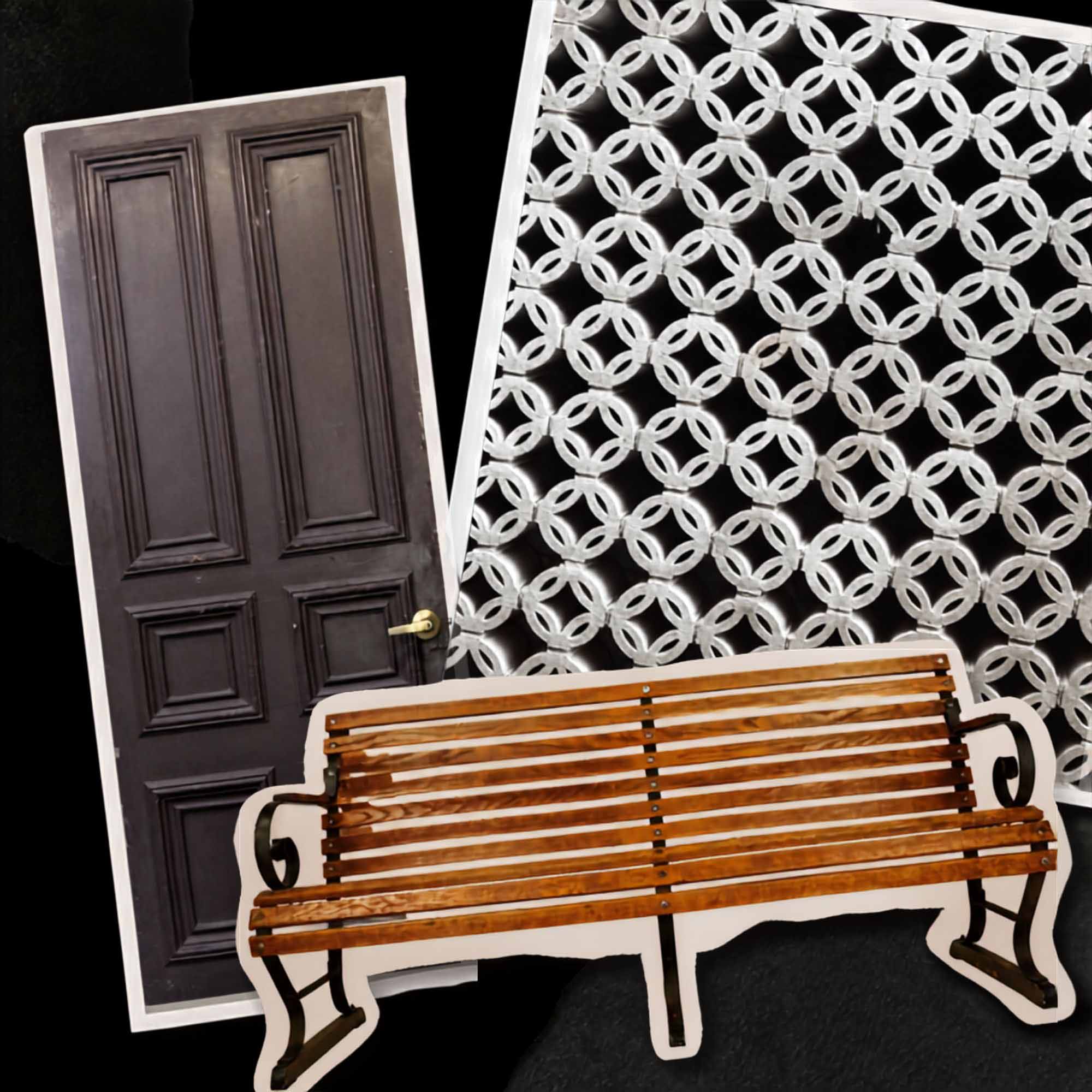 Brown Door, Terra Cotta Building Bricks, Wooden Outdoor Bench.