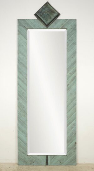 Full-length mirror with a verdigris copper frame and a copper diamond accent at the top.