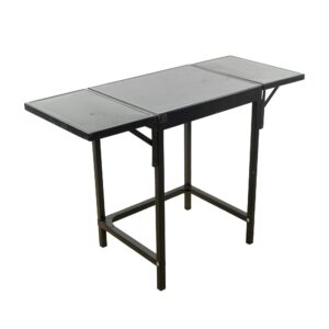Black steel utility table shown with both fold-out extensions extended, featuring a rectangular top and simple metal base.