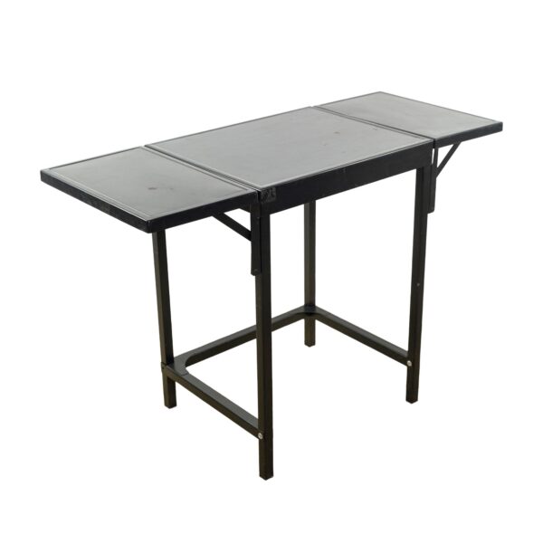 Black steel utility table shown with both fold-out extensions extended, featuring a rectangular top and simple metal base.