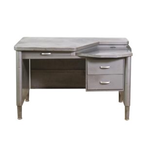 Gray steel tanker desk with an asymmetric top, three drawers, and a recessed tray section, shown from the front.