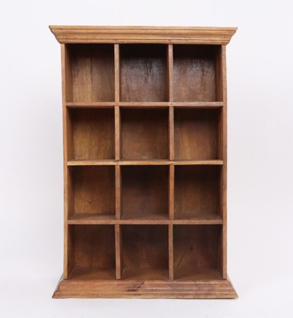 Arts & Crafts wood pigeonhole shelf with twelve open cubbies in a three by four grid and slightly protruding top and bottom rails.
