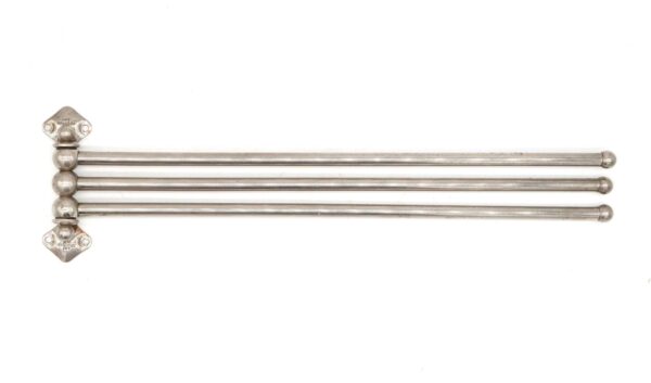 Antique nickel triple towel bar with three swing-out arms and wall mounts at each end, shown in a horizontal view.
