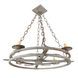 Arts and Crafts chandelier with galvanized wrought iron rings, hammered detailing, and chain suspension, shown with four candle-style bulb holders and some rusting visible.