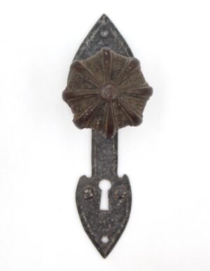 Arts and Crafts cast iron dummy door knob set with a black finish, shown front-on with the back plate and keyhole escutcheon visible.