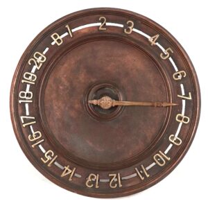 Antique mechanical elevator floor indicator dial with a round bronze-finish face, raised numbers and letters around the edge, and a scrolled pointer centered on the plate.